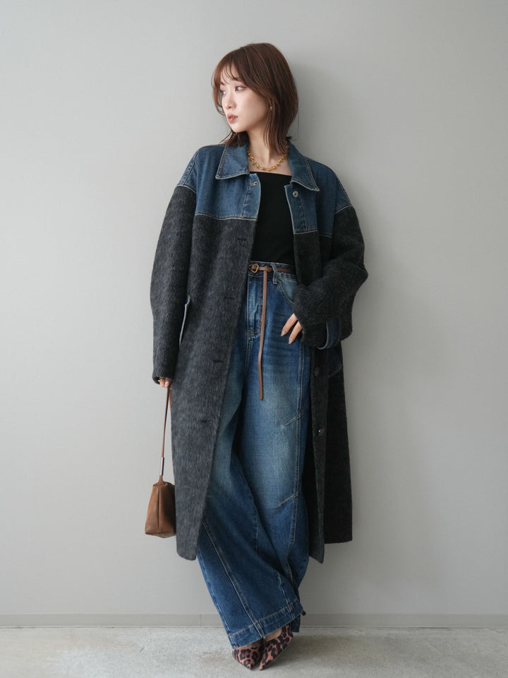 [予約]デニム切替シャギーステンカラーコート/charcoal
