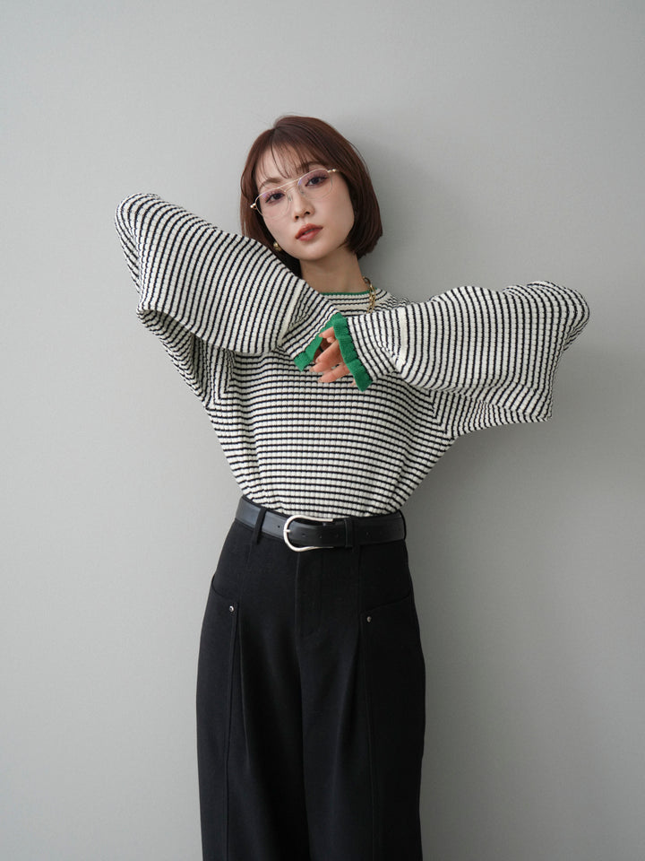 [予約]ラメ異素材ボーダーリブニットプルオーバー/off×green
