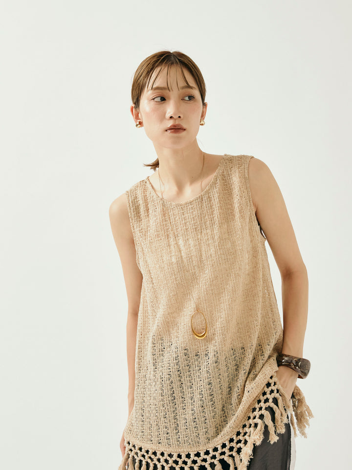 [予約]フリンジ透かし編みニットベスト/ベージュ