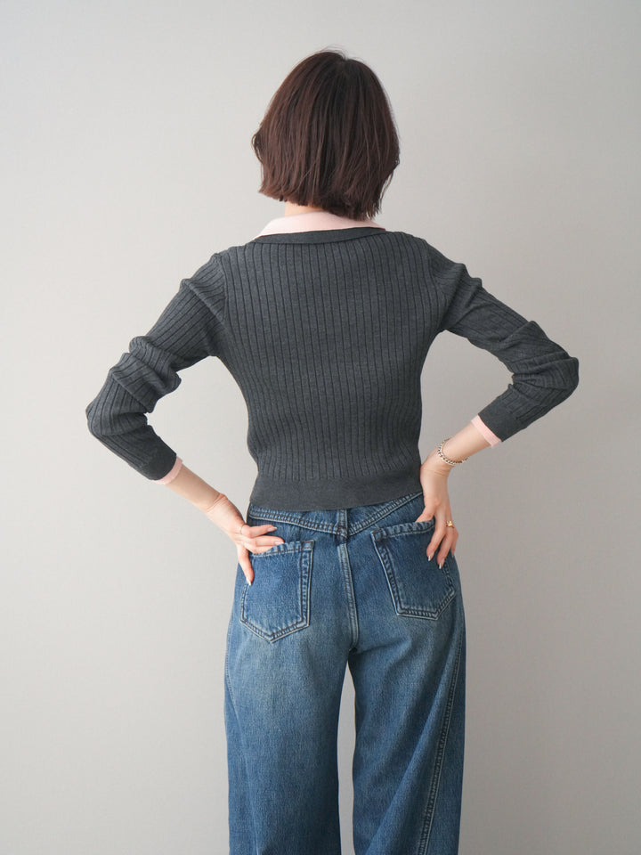 [予約]ダブル襟ポロリブニットトップス/charcoalgray