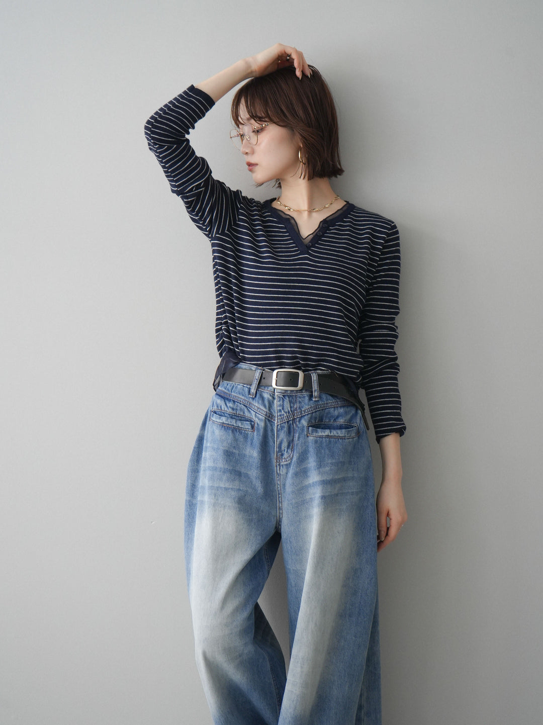 [SET]チュールレイヤードデザインボーダーニットトップス+選べるアクセセット(2set)