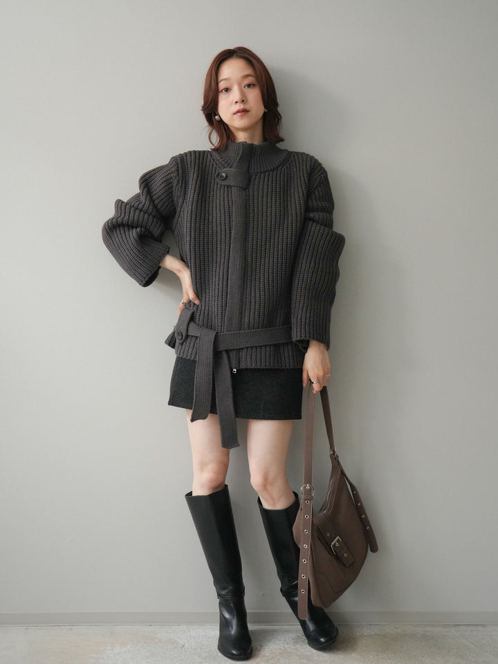 [SET]畦編みボトルネックZIPニットカーディガン+ウールタッチベルト付ミニスカート(2set)