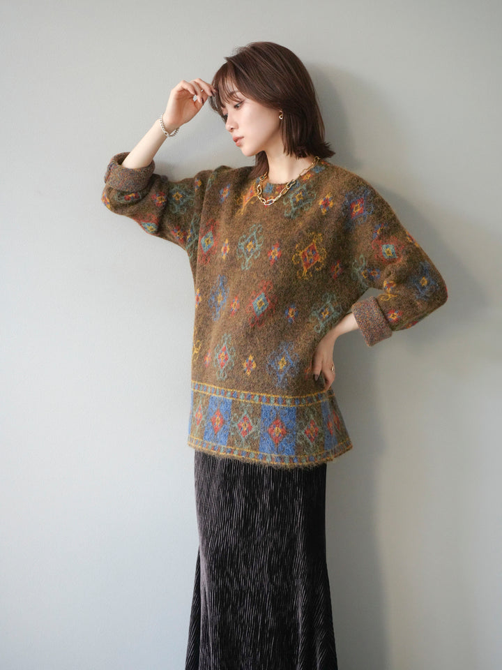 [予約]ヴィンテージ柄オーバーニットプルオーバー/ブラウン