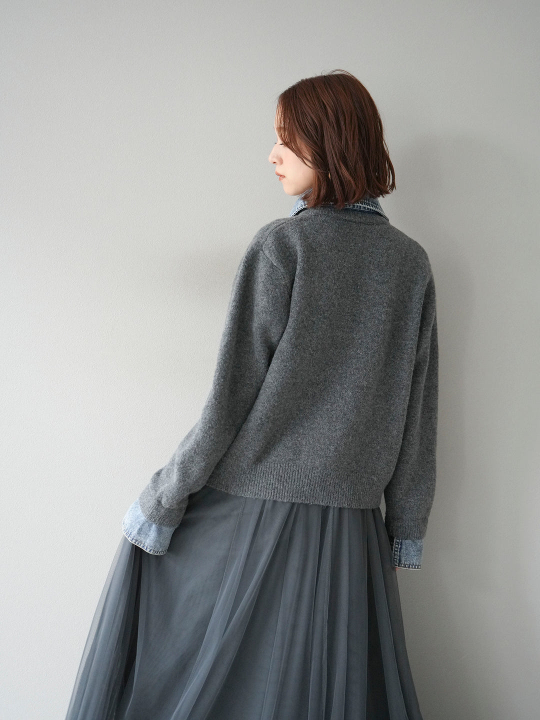 [予約]デニム襟ボタンニットカーディガン/チャコール