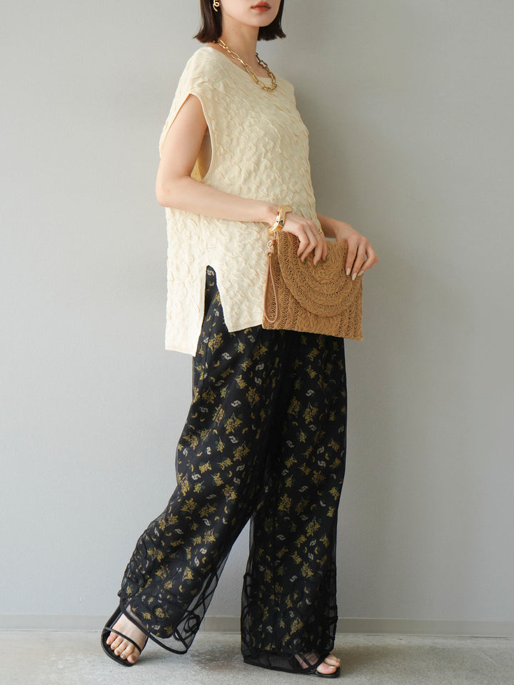 [SET]コード刺繍チュールレイヤードパンツ+ブーケプリントタックパンツ(2set)