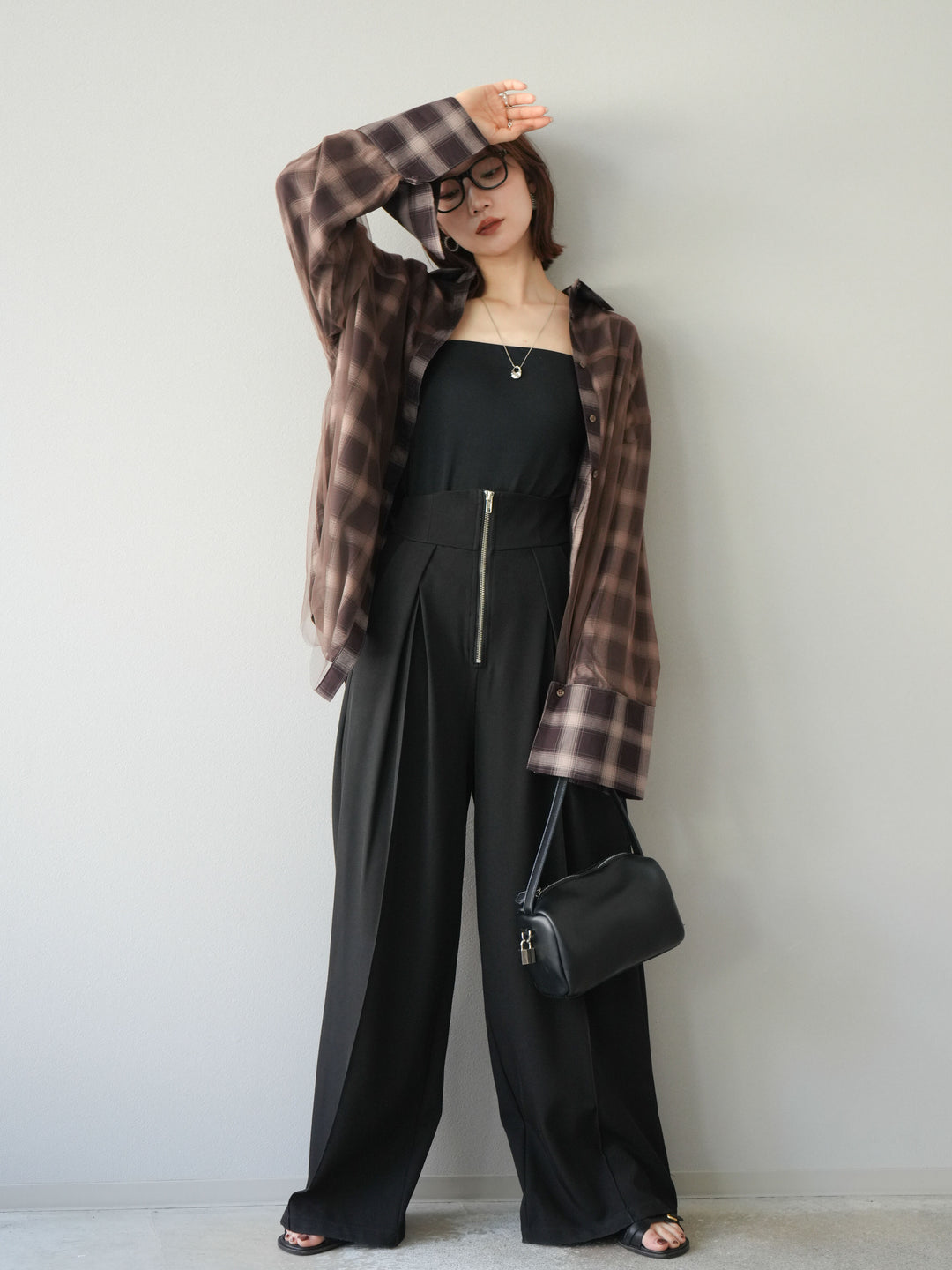 [予約]チュールドッキングチェック柄オーバーサイズシャツ/ブラウン