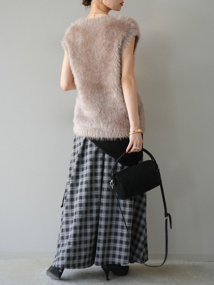 [予約]チェックタックフレアロングスカート/ ブラック