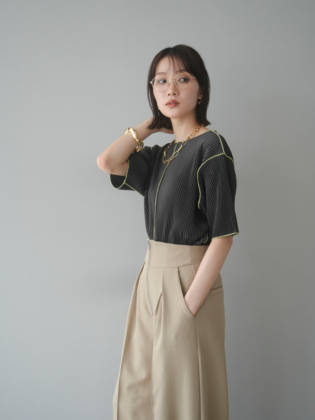 【SET】配色褶皺半袖上衣 + 配色褶皺半袖上衣 (2 件套)