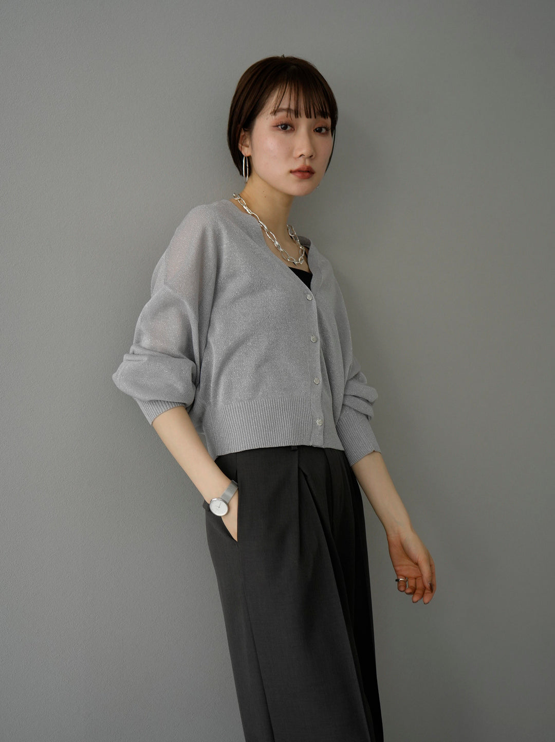 [SET] Lame sheer knit cardigan + design tuck wide pants (2set)