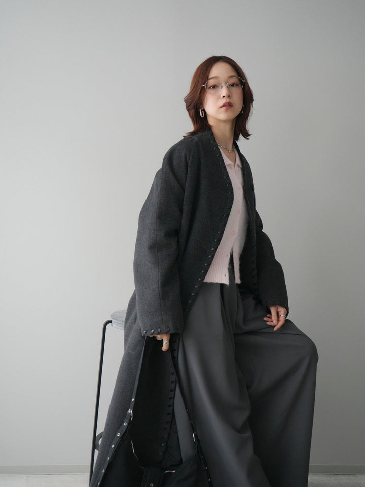 [SET]ハンドステッチ裏中綿ロングコート+モヘア衿付きボタンプルオーバー+テープベルトタックバギーパンツ(3set)