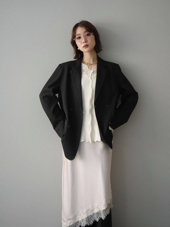 [SET]ダブルブレストオーバージャケット+レースネックジャガードニットカーディガン+サテンライクアシメレーススカート+センターシームフレアパンツ(4set))