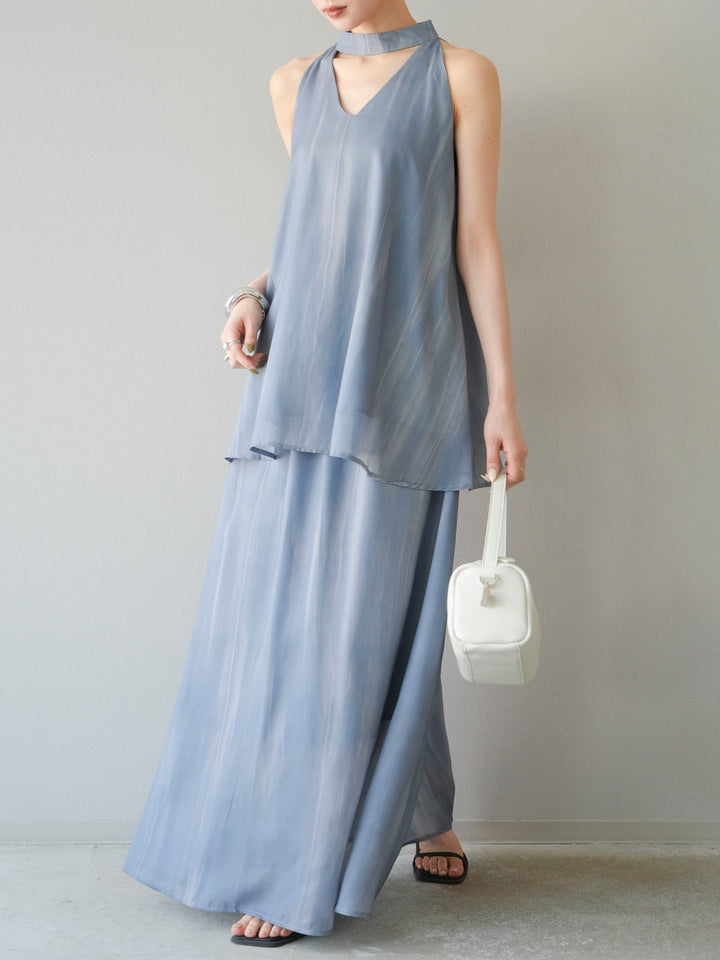 [SET] 細膩花紋V領襯衫＆喇叭裙（2套）