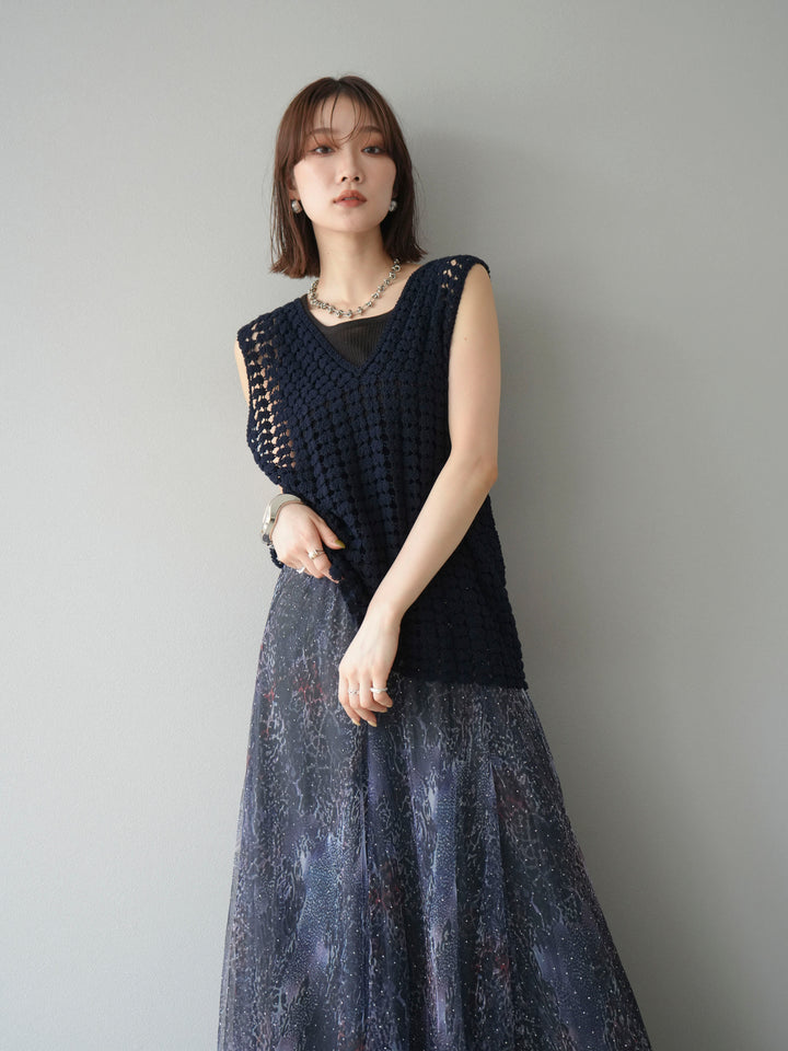 [予約]レースアップクロシェ編みニットベスト/ネイビー