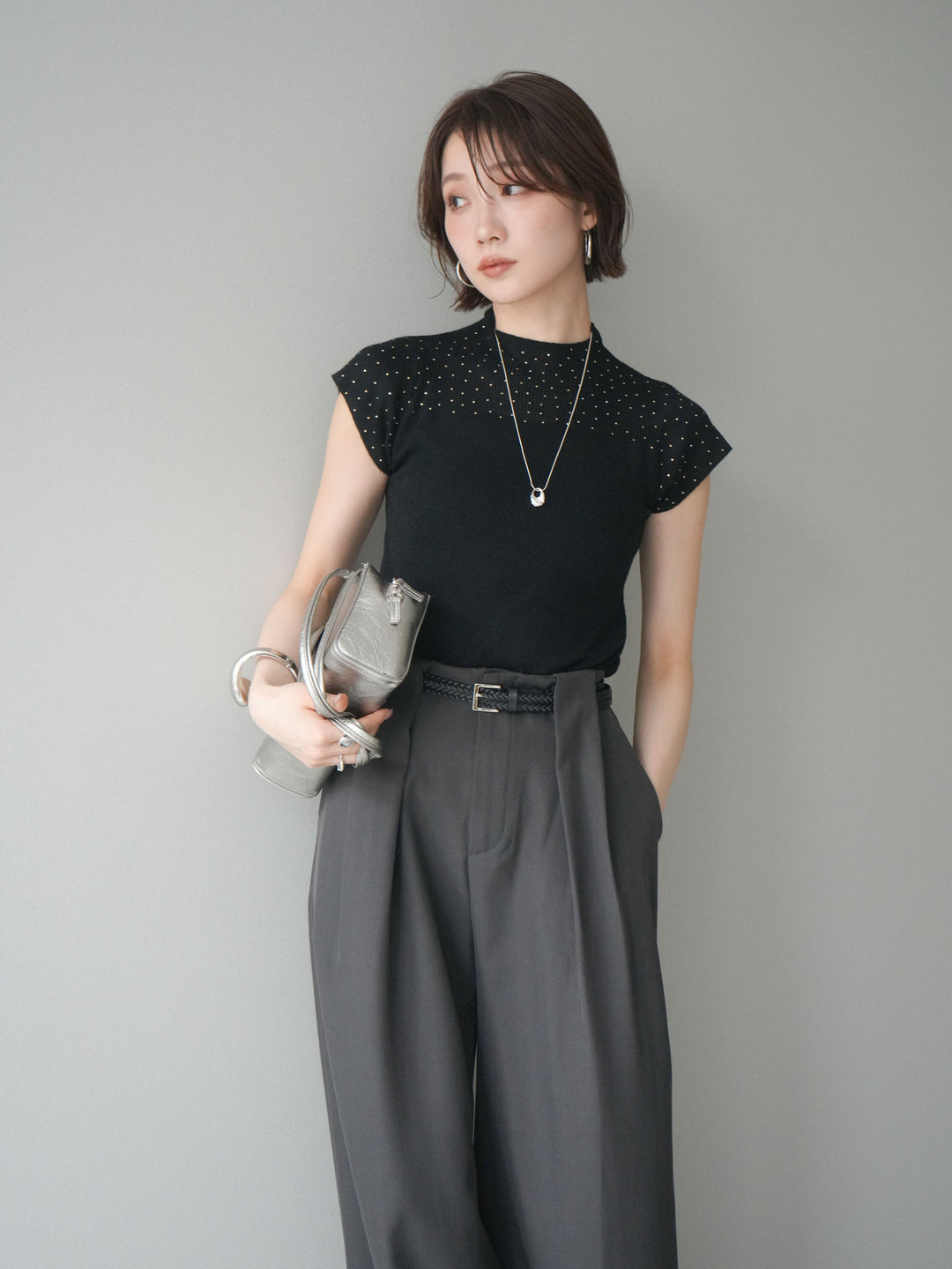 [SET]ビジューシアーフレンチニット+選べるアクセセット(2set)