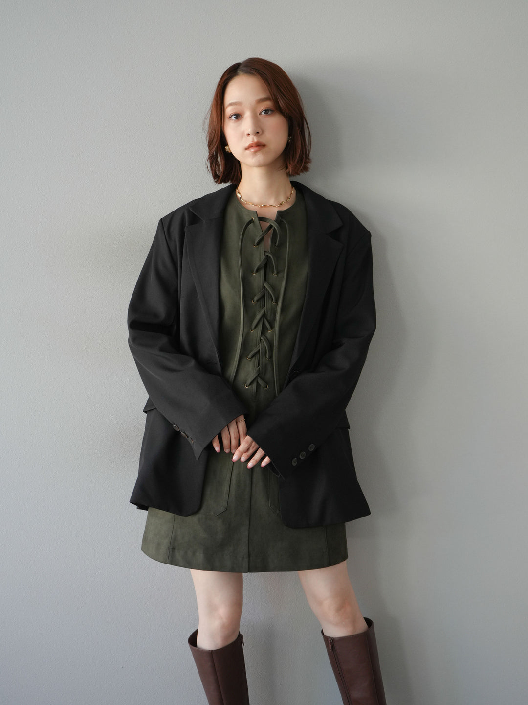 [予約]レースアップスエードミニワンピース/カーキ