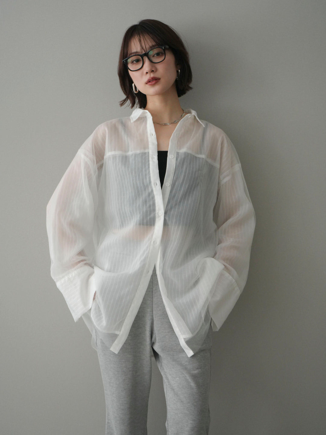 [予約]チュールレイヤードストライプシアーシャツ/offwhite