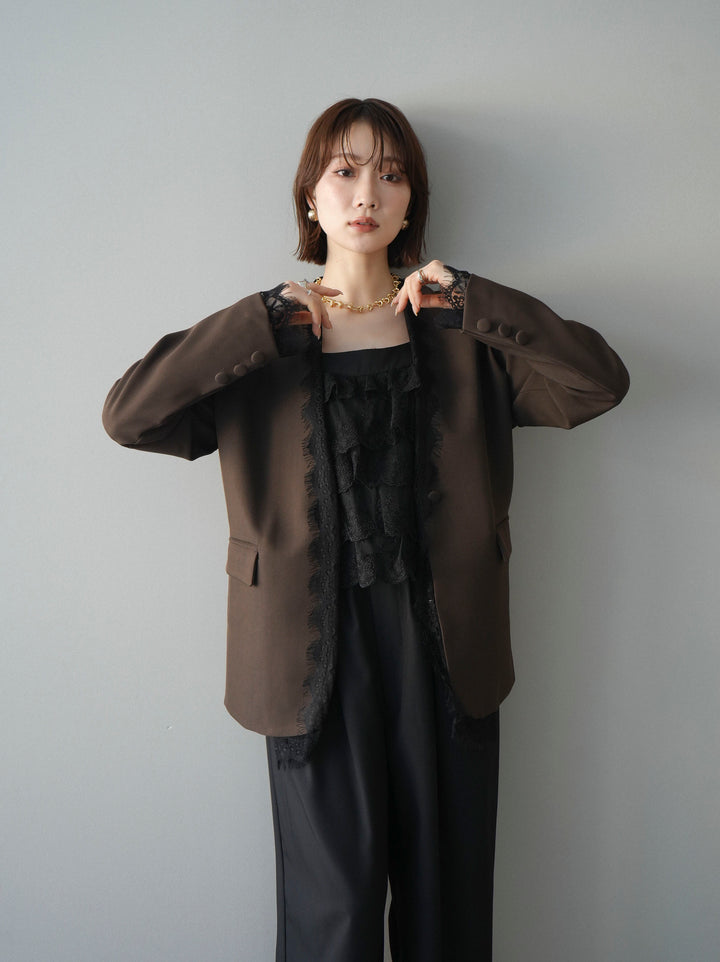 [SET]ノーカラーレースジャケット+ベルト付キーホルダーモチーフワイドパンツ(2set)