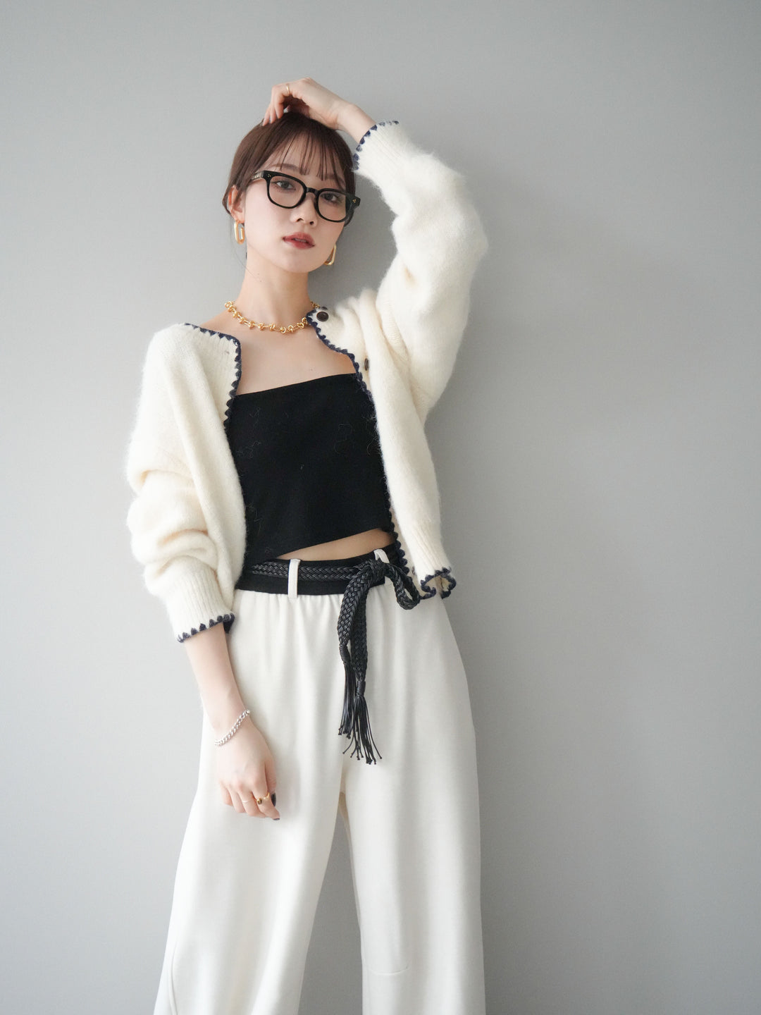 [SET]三角ステッチニットカーディガン+選べるアクセセット(2set)