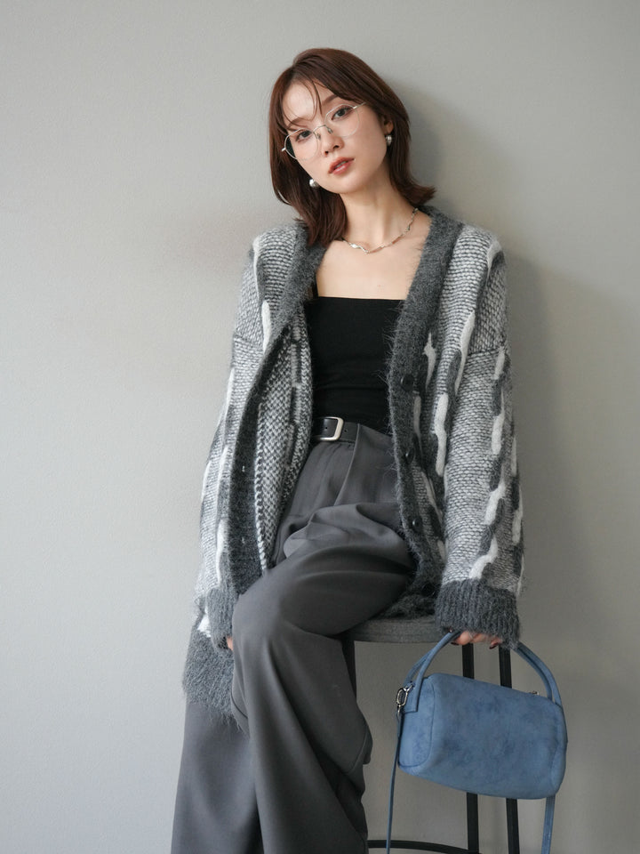 [SET]バイカラー編み込みデザインニットカーディガン+ベルトループデザインワイドパンツ(2set)