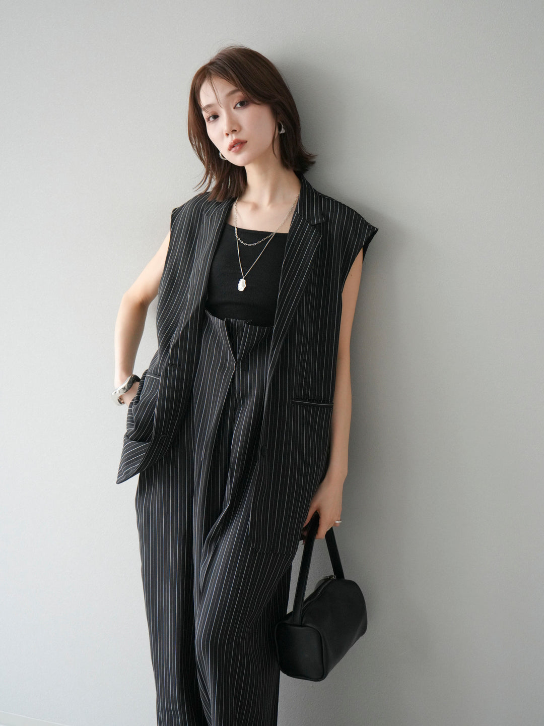 【着回しセット】[SET]ヘリンボーンストライプジレ+シアー切替ベロアトップス+ヘリンボーンストライプサロペット(3set)