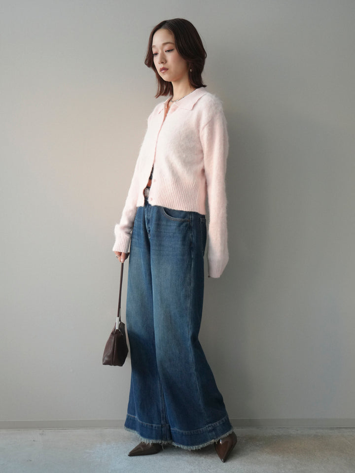 [SET]モヘア衿付きボタンプルオーバー+裏起毛裾フリンジワイドデニムパンツ(2set)