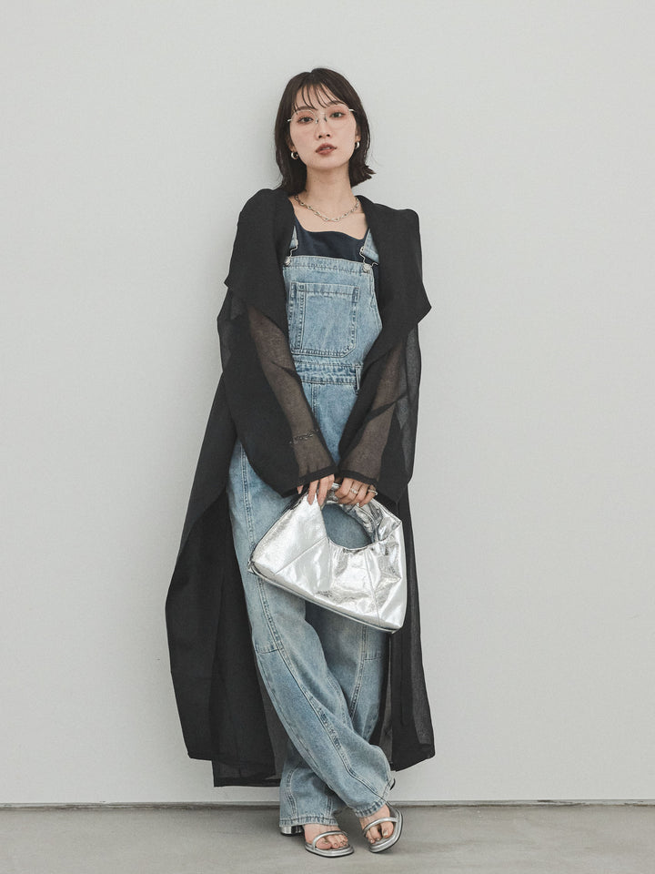 [SET] 中縫牛仔背帶褲 + 透視長版外套（2 件組）