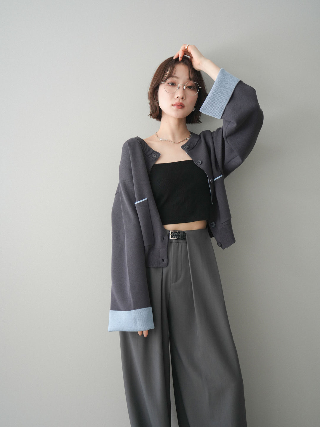 [SET]レーヨンポリダブルフェイスニットカーディガン+ベルトループデザインワイドパンツ(2set)