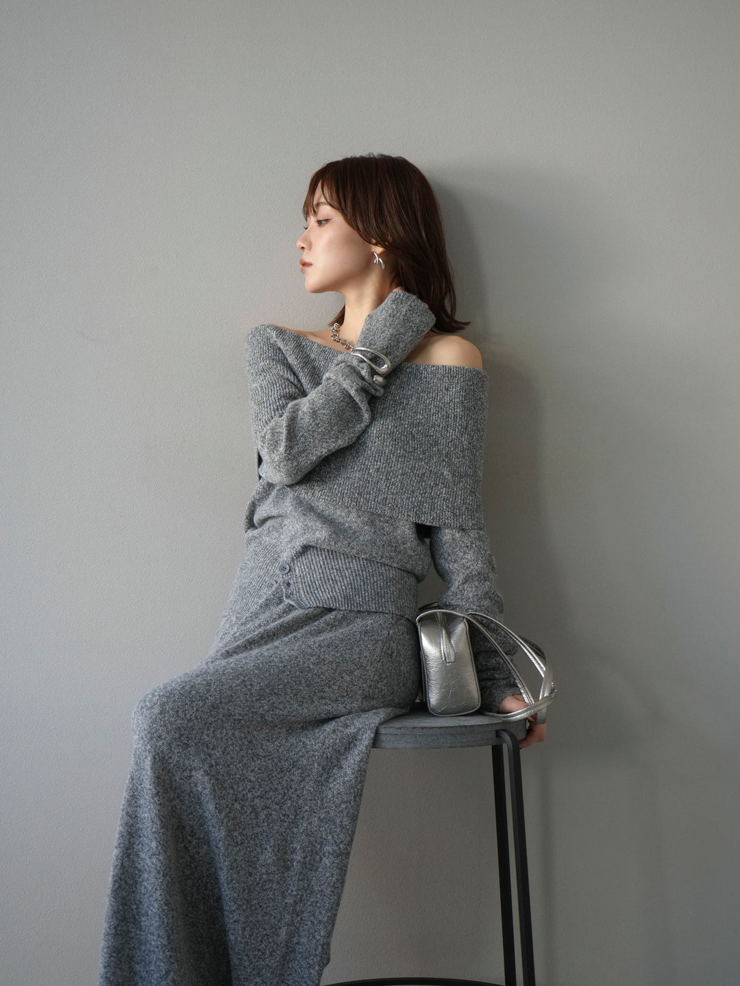 [予約]ミックスヤーンオフショルニットプルオーバー/グレー