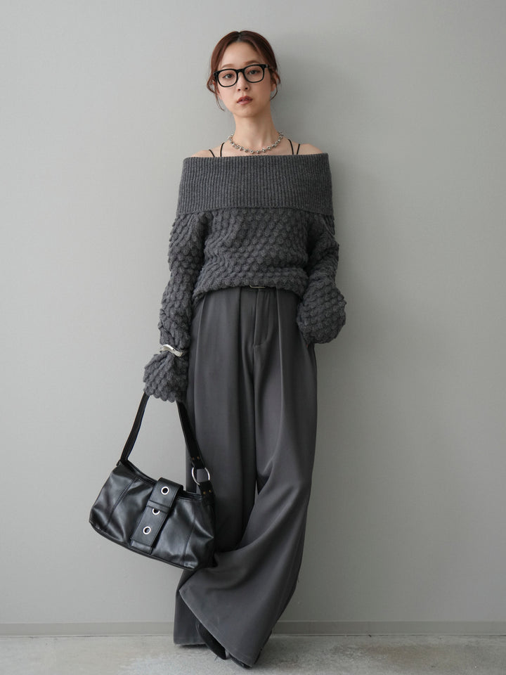 [SET]ポコポコ編みオフショルニットプルオーバー+ベルトループデザインワイドパンツ(2set)