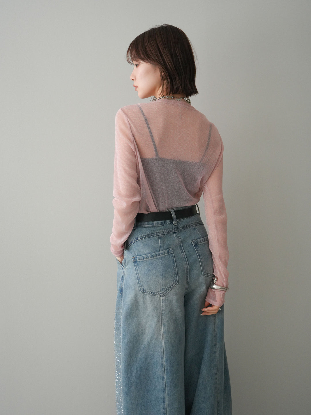 [予約]ラメシアークルーネックトップス/pink
