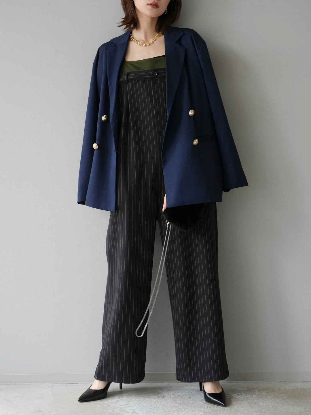 [予約]サテン切替ピンストライプサロペット/ブラック