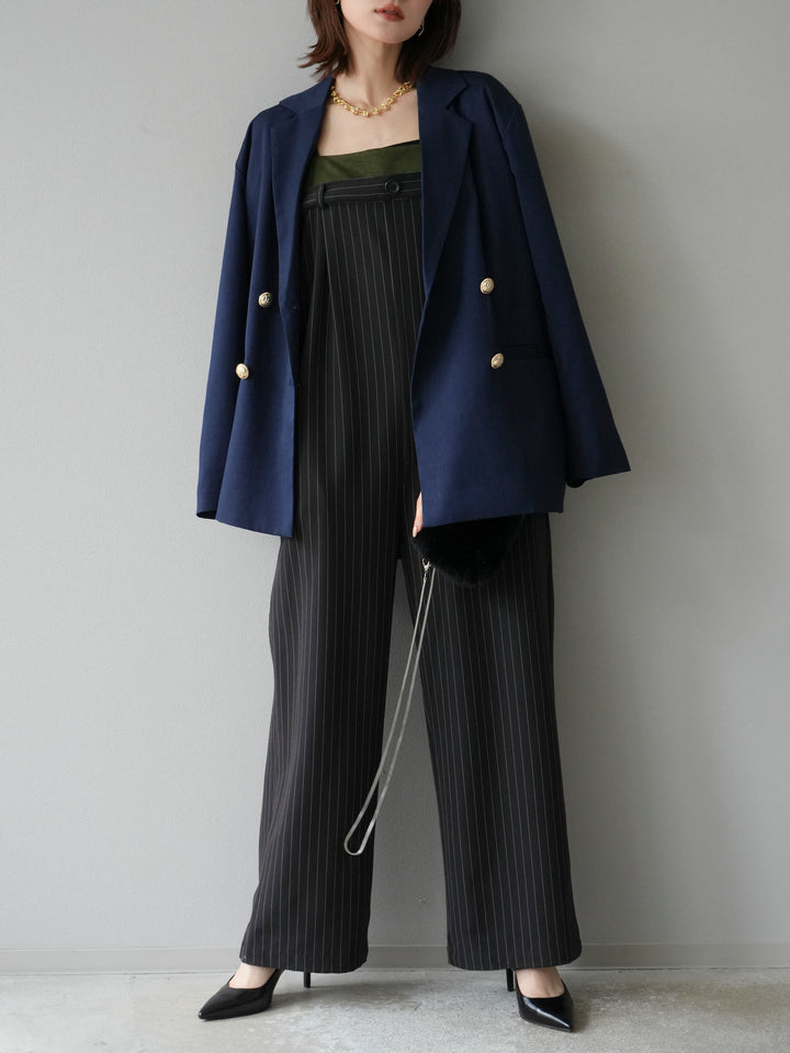 [予約]サテン切替ピンストライプサロペット/ブラック