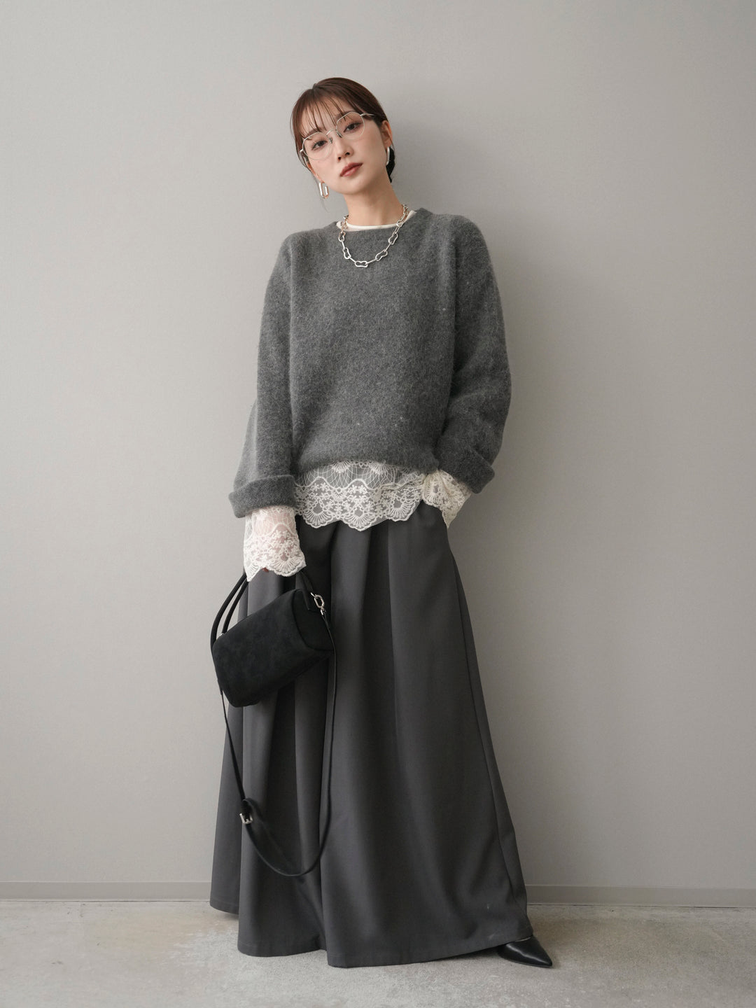 [SET]アンゴラタッチクルーネックニットプルオーバー+チュールレーストップス+テープベルトタックバギーパンツ(3set)