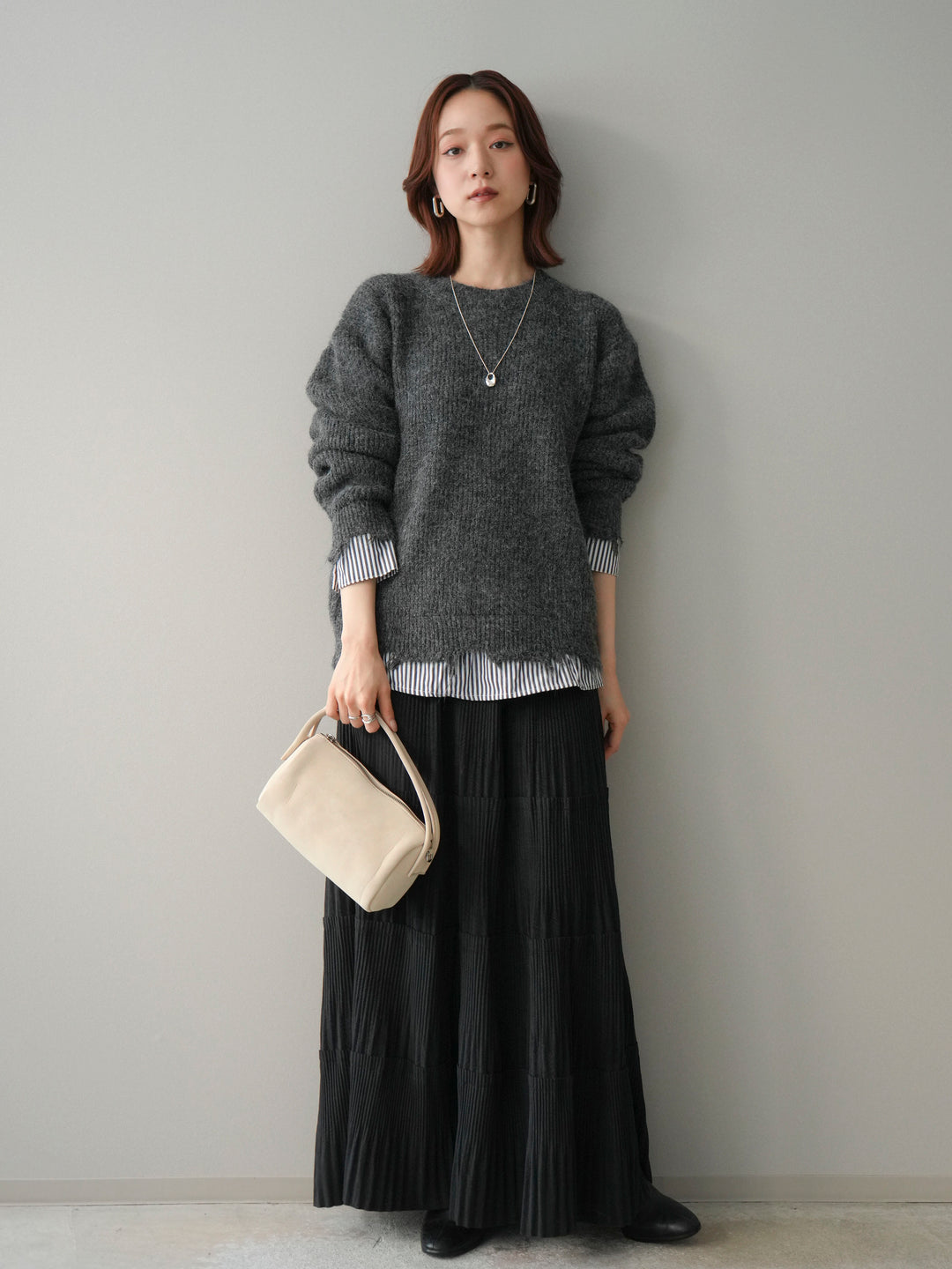 [予約]裾シャツレイヤードダメージニットプルオーバー/darkgrey