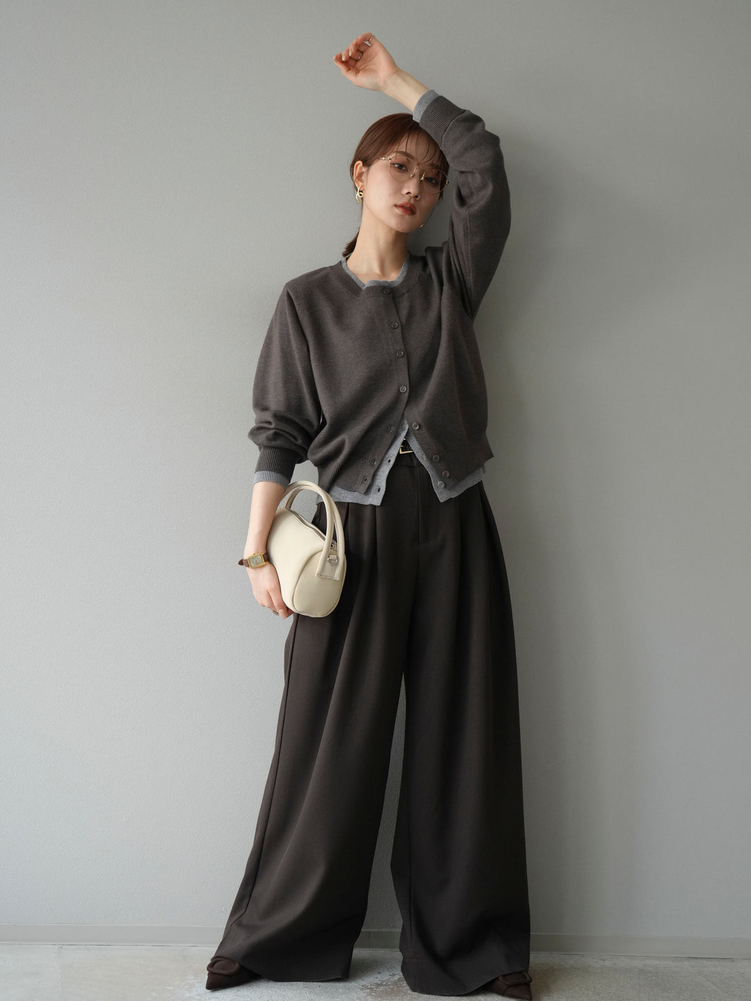 【SET】同色系疊穿開襟衫+雙褶寬褲（2件組）