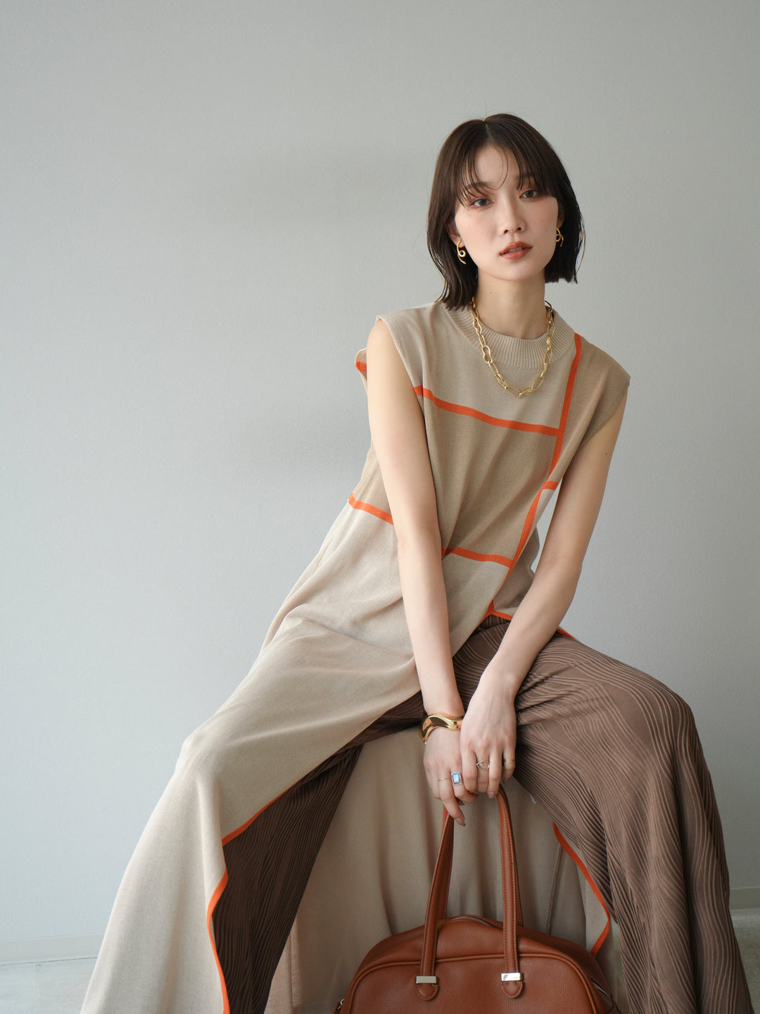 [予約]配色スリットニットワンピース/ベージュ