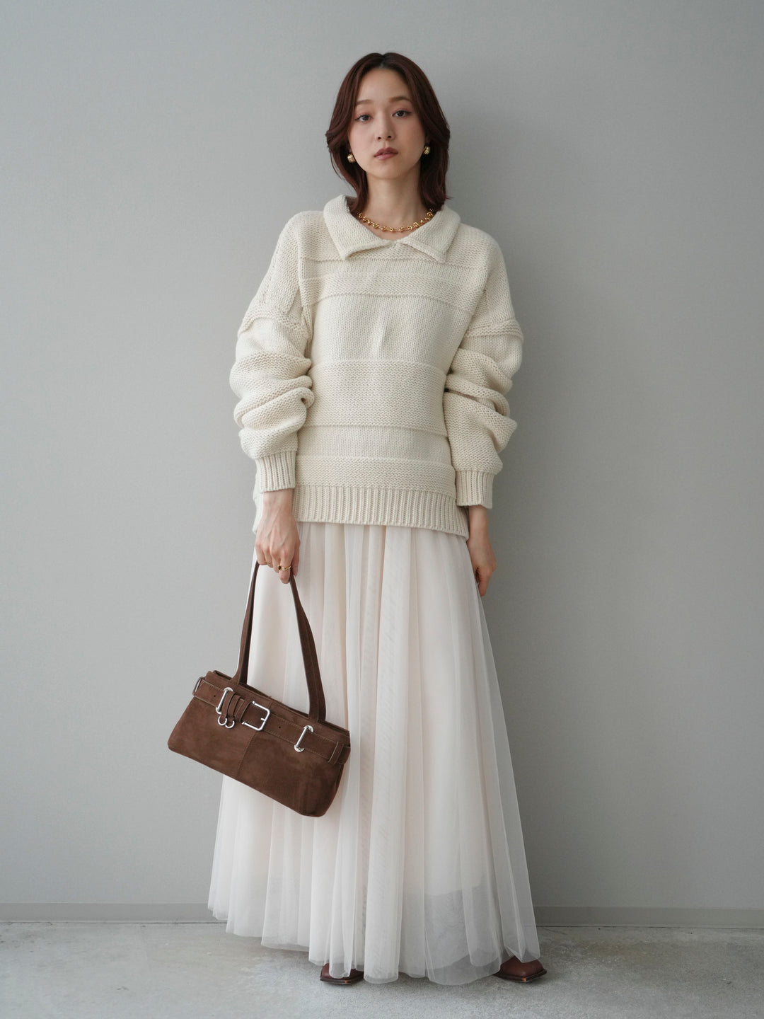 [SET]襟付きボーダー編みニットプルオーバー+チュールボリュームスカート(2set)