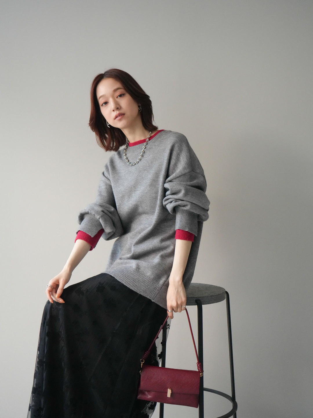 [SET]ヘンリーネック配色レイヤードニットプルオーバー+フラワーフロッキーチュールプリーツスカート(2set)