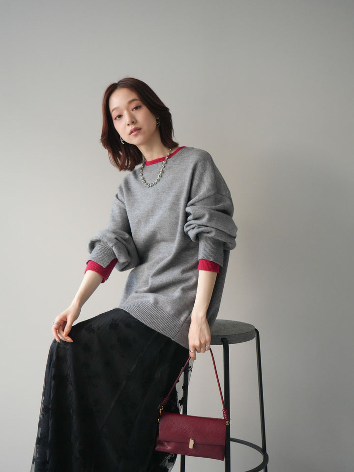 [SET]ヘンリーネック配色レイヤードニットプルオーバー+フラワーフロッキーチュールプリーツスカート(2set)