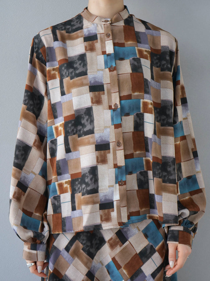 [Pre-order] Retro pattern bunt collar overshirt/brown