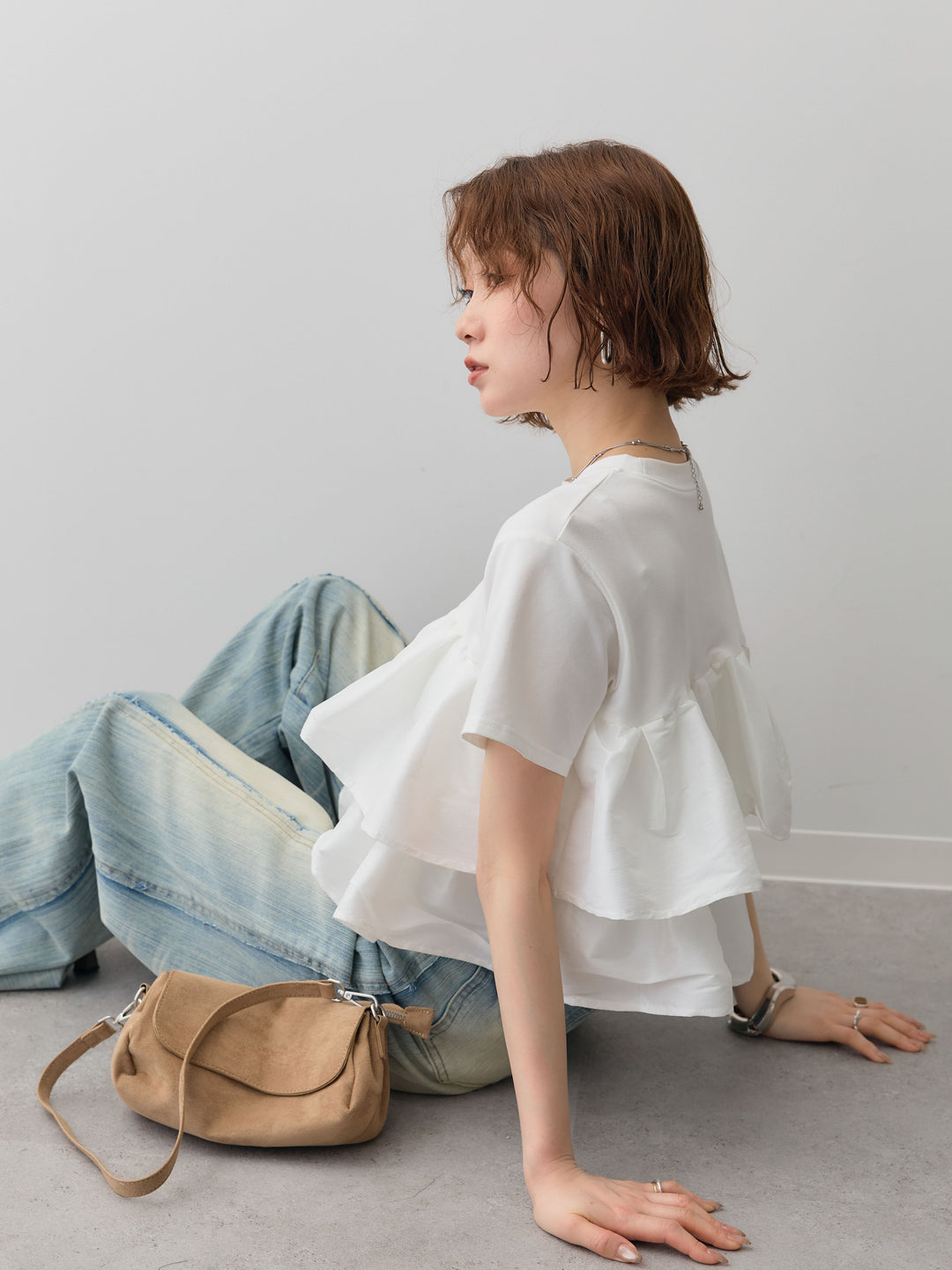 [SET]フリルティアードTEE+縦ウォッシュワイドデニムパンツ(2set)