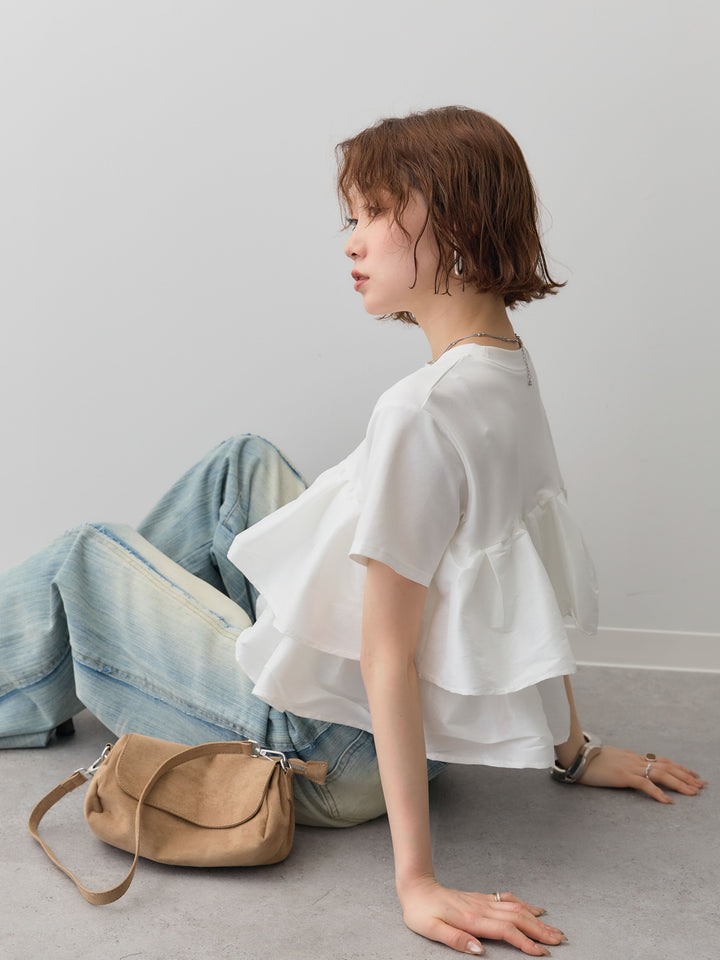 [SET]フリルティアードTEE+縦ウォッシュワイドデニムパンツ(2set)