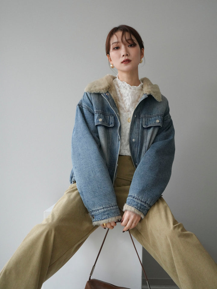 [予約]デニム×ファーステンカラーショートジャケット/lightblue