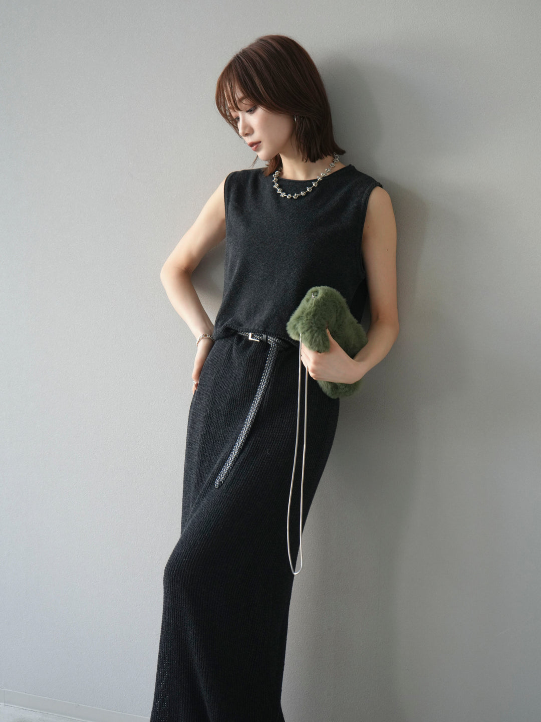 [予約]メッシュ切替ノースリーニットワンピース/darkgray