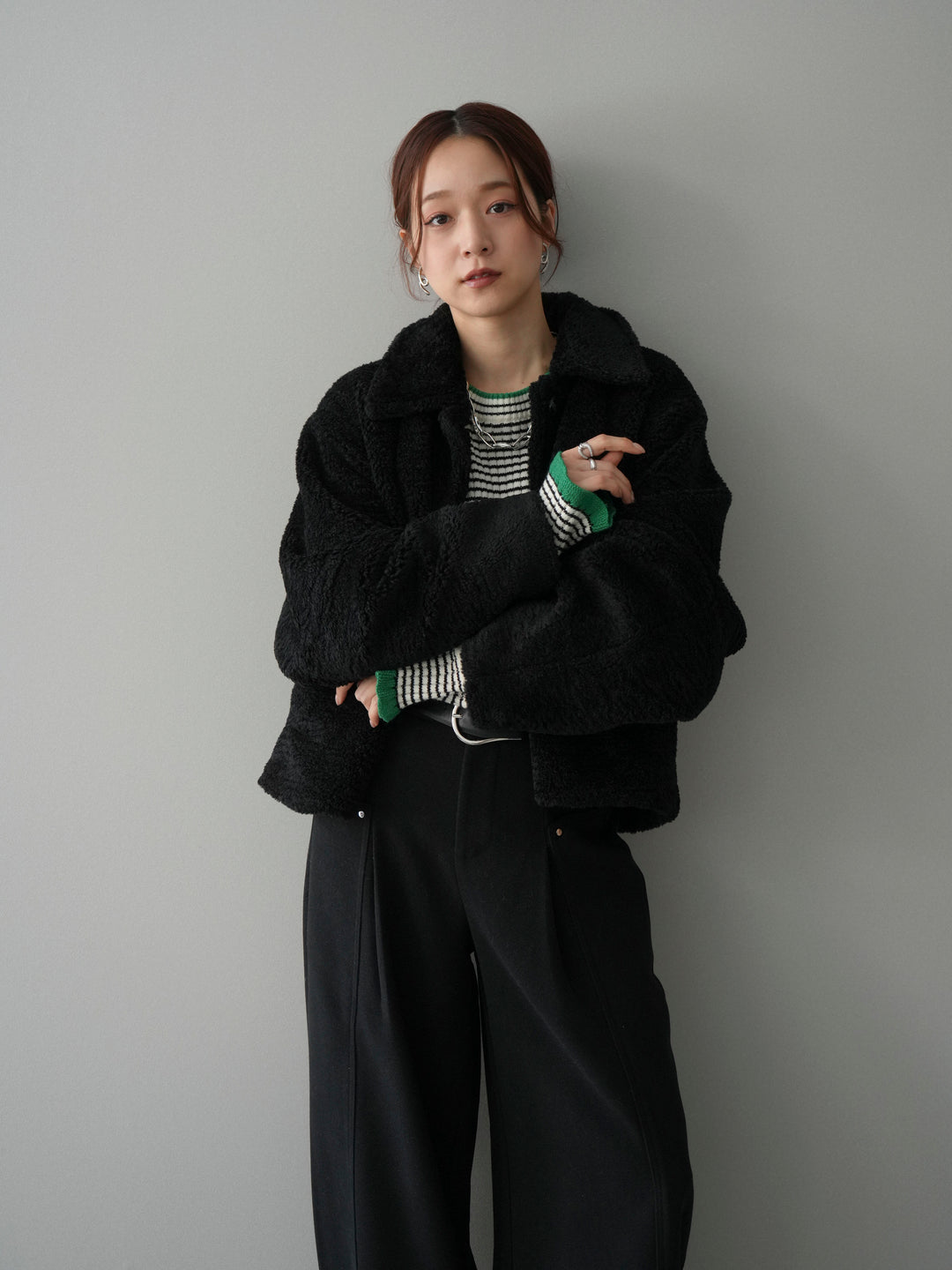 [SET]エコファーステンカラージャケット+ベルト付起毛コクーンパンツ(2set)