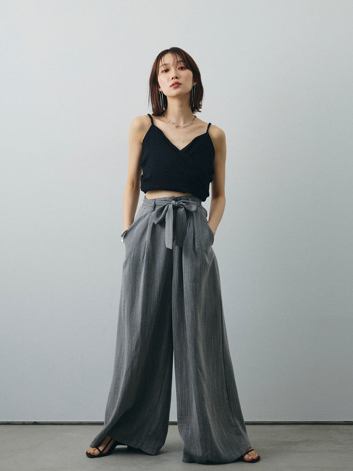 [SET]リネンライクカシュクールデザインビスチェ+リネンライクウエストリボンワイドパンツ(2set)