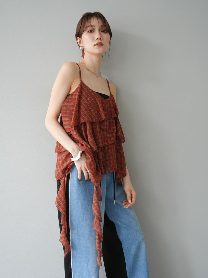 [予約]チェック柄ラッフルキャミソール/レッド
