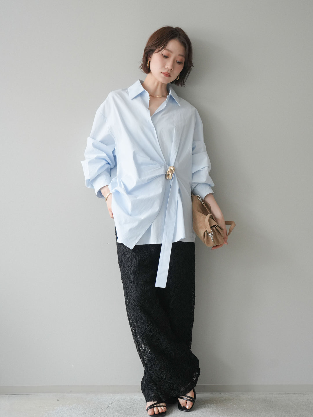 [SET]メタルパーツドレープシャツ+シアーコードレースイージーパンツ(2set)