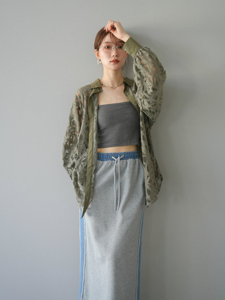 [SET]コードレースオーバーシャツ+デニムドッキングスウェットスカート(2set)