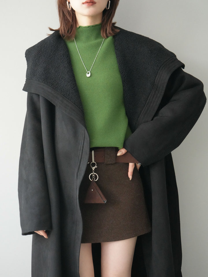 [SET]BIGカラームートンコート+ボトルネック裾カールリブニットトップス+ウールタッチベルト付ミニスカート(3set)